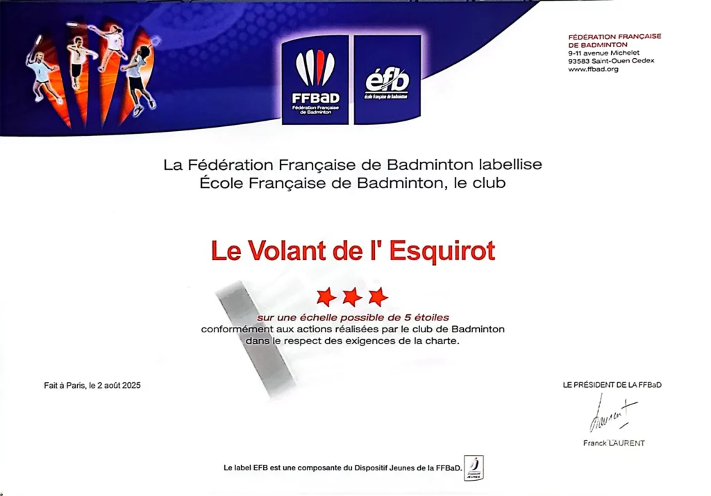 Certificat du label du club de Badminton de Sainte-Hélène pour l'année 2025-2026